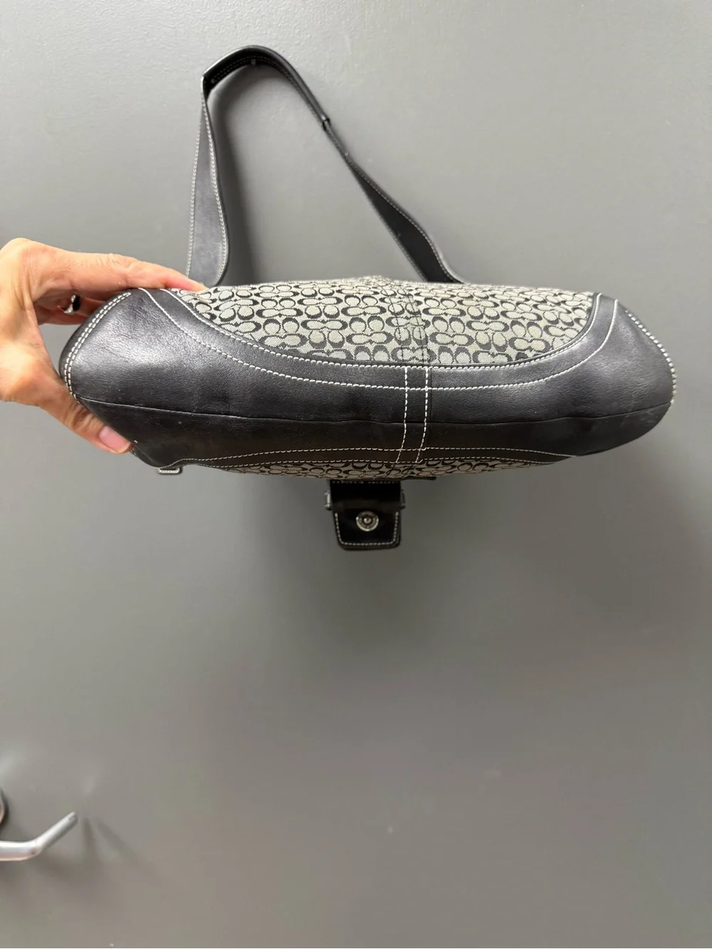 Coach Black and Gray Mini C Signature SoHo Buckle Flap Hobo-EUC